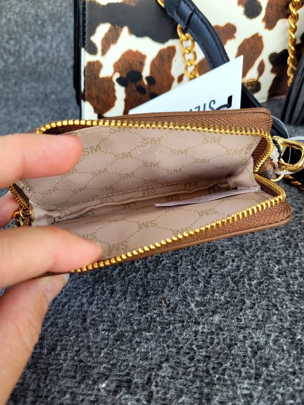 Steve Madden Cow Print Matching Shoulder Crossbody Handbag and Card Wallet Set